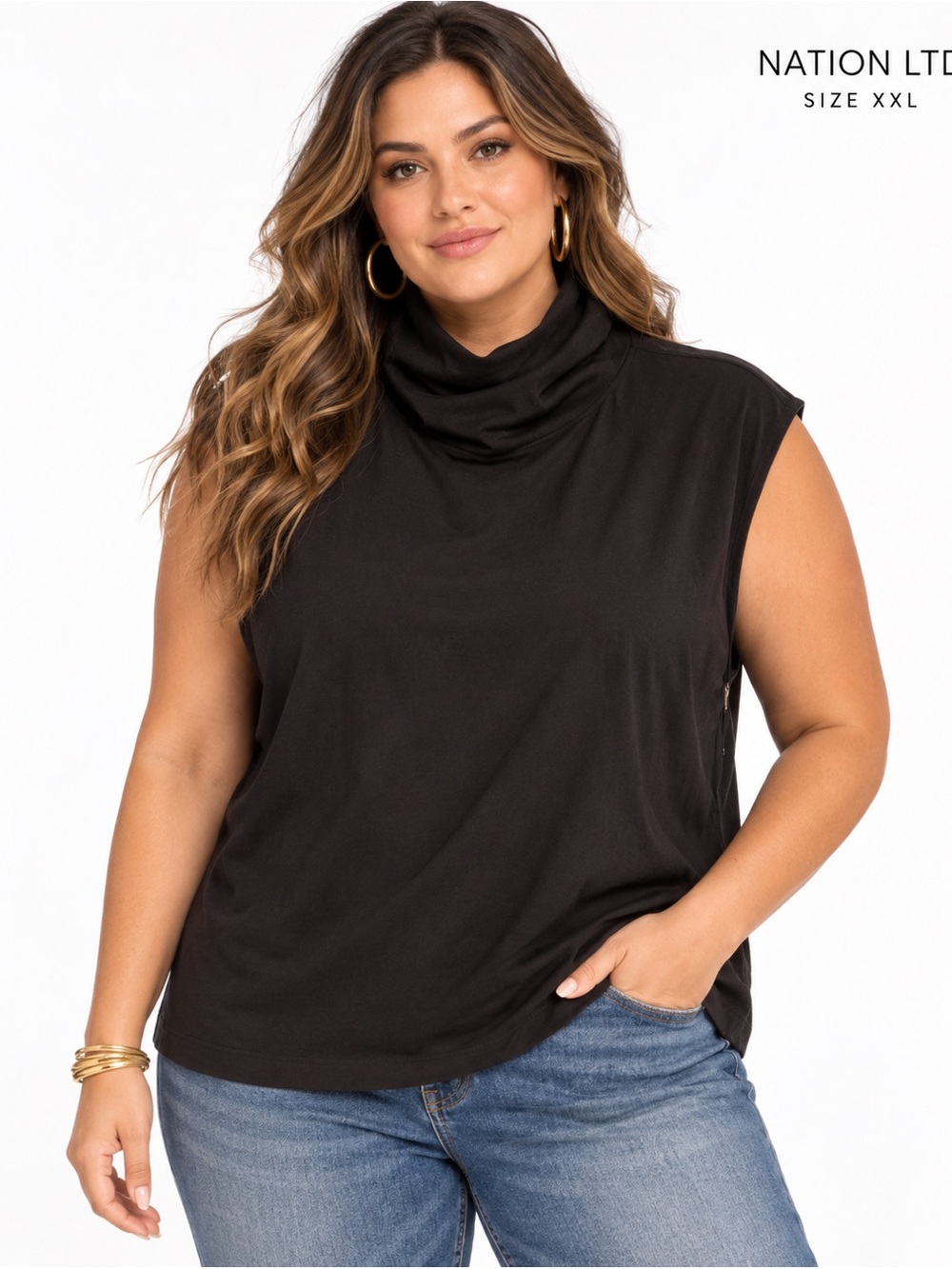 Nation Los Angeles Sleeveless Turtleneck‎ Sweater Top - Black XXL